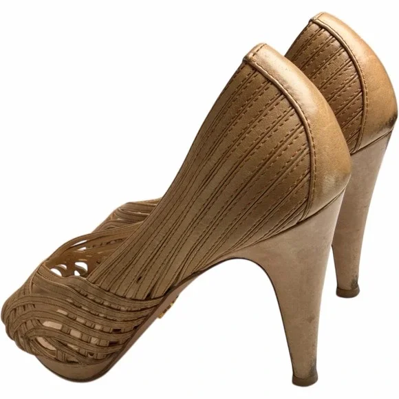 Vintage Prada Woven Leather Peep Toe Heels Size 40.5 - Picture 11 of 14